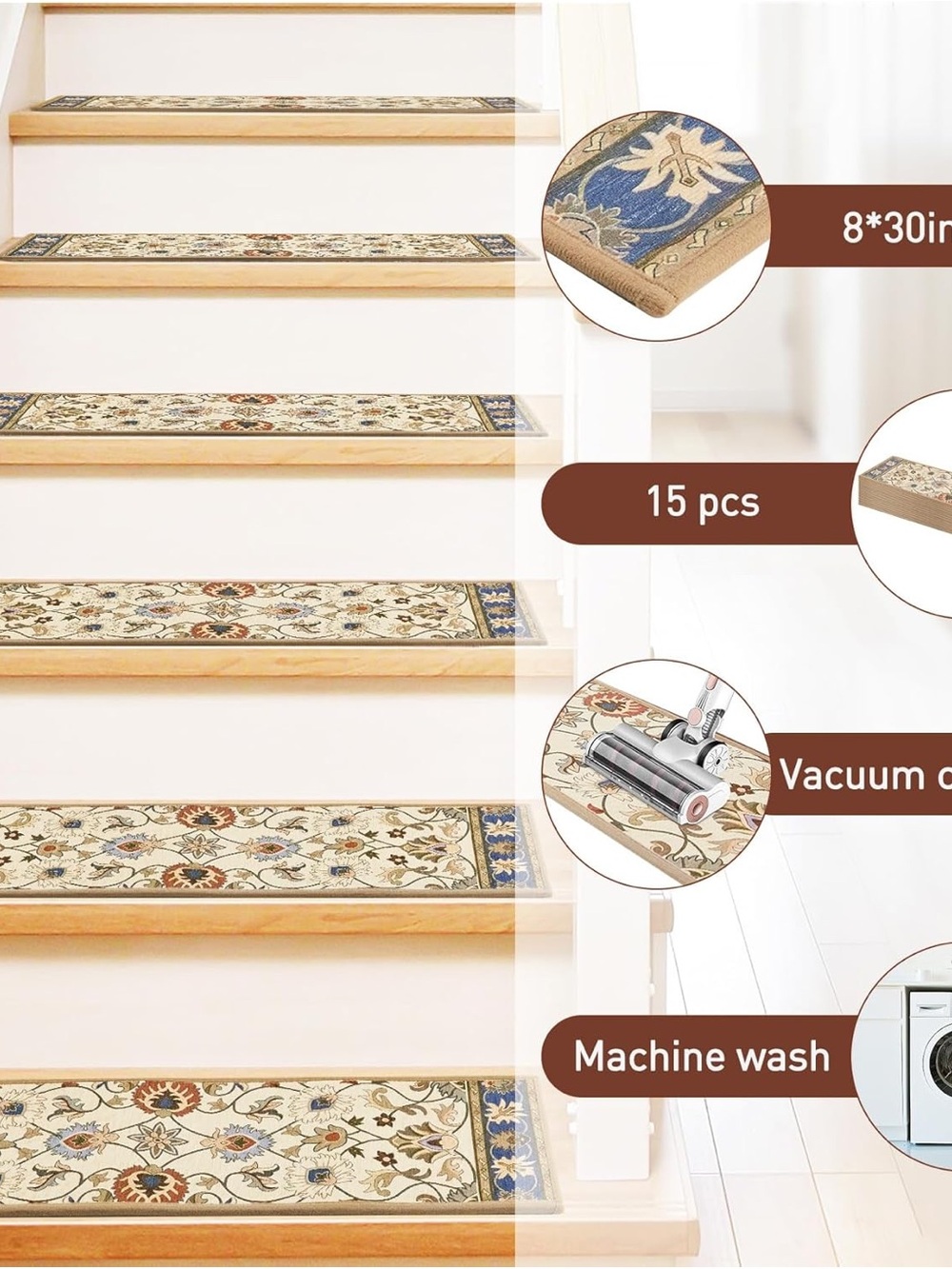 Stair Runner Treads - Floral Beige & Blue (15 pcs)